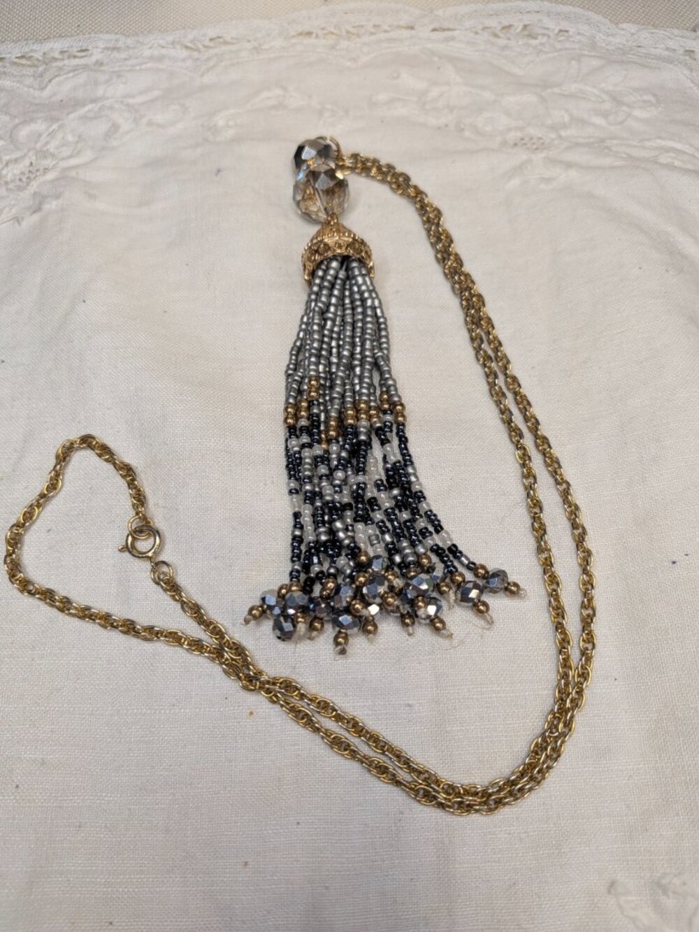 Gold Tone Tassel Necklace with AB Crystal and Seed Beads